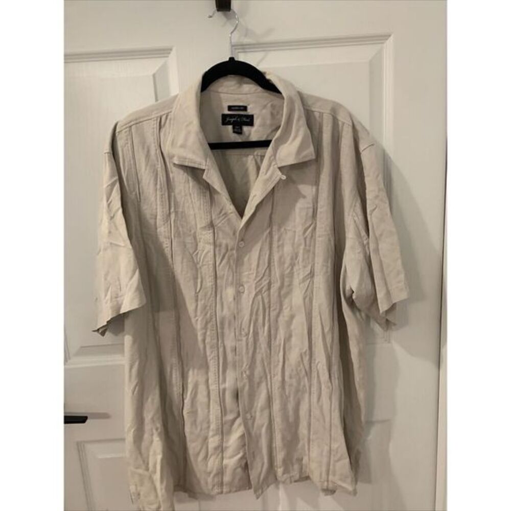 Joseph Feiss Mens Shirt 2XL‎ Tall Ivory Tropical Striped Split Hem Washable Silk
